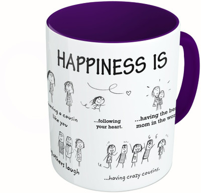 

MiiCreations Printed Two Tone Blue And White Happiness Quotes Ceramic Mug(325 ml), Multicolor