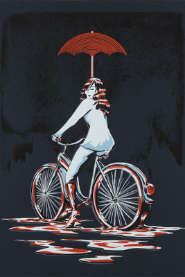 

RadhaKripa girl on bycicle with umbrella Poster Paper Print(18 inch X 12 inch, Rolled)