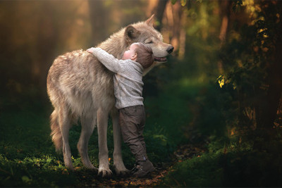 

RadhaKripa little baby hugging a wolf Poster Paper Print(18 inch X 12 inch, Rolled)
