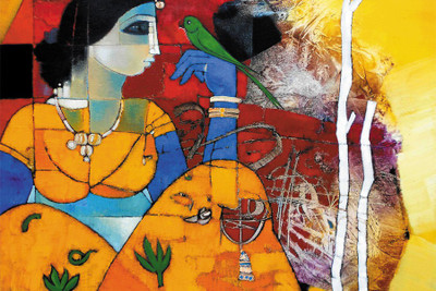 

parrot with women Paper Print(18 inch X 12 inch, Rolled)