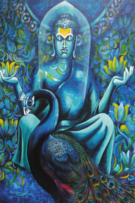 

budhha with peacock Paper Print(18 inch X 12 inch, Rolled)