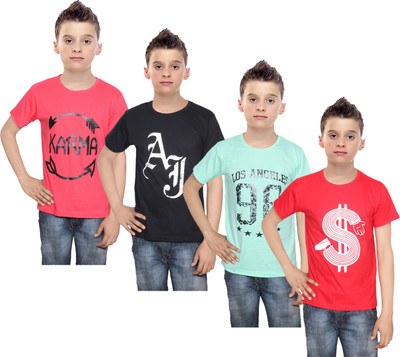

IndiWeaves Boys Printed Cotton T Shirt(Multicolor, Pack of 4, Black;green;red