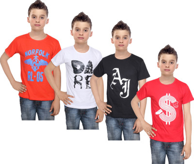 

IndiWeaves Boys Printed Cotton T Shirt(Multicolor, Pack of 4, Black;orange;red;white