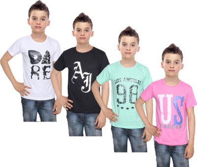 

IndiWeaves Boys Printed Cotton T Shirt(Multicolor, Pack of 4, Black;green;pink;white