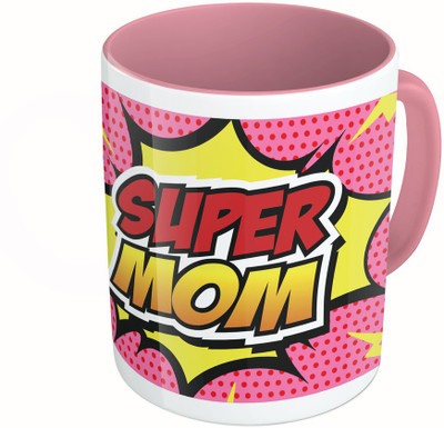 

MiiCreations Printed Two Tone Pink And White Super Mom Ceramic Mug(325 ml)