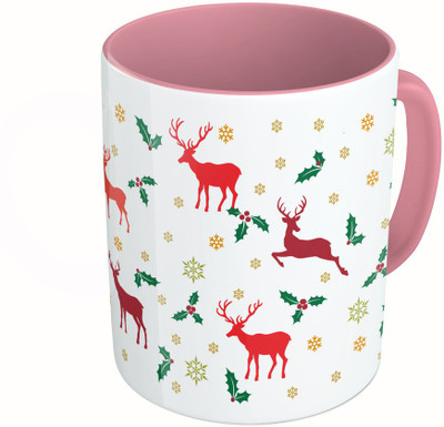 

MiiCreations Printed Two Tone Pink And White Christmas Pattern Ceramic Mug(325 ml)