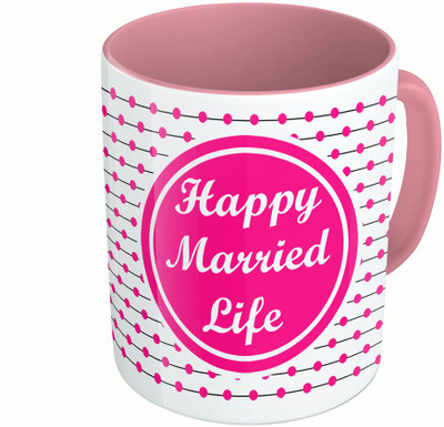 MiiCreations Printed Two Tone Pink And White Happy Marreid Life Ceramic Mug(325 ml)