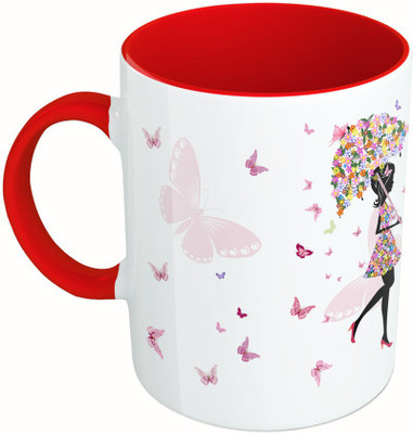

MiiCreations Printed Two Tone Red And White Beautiful Butterfly Girl Ceramic Mug(325 ml)