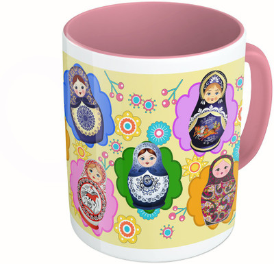

MiiCreations Printed Two Tone Pink And White Printed Russian Dolls Ceramic Mug(325 ml)