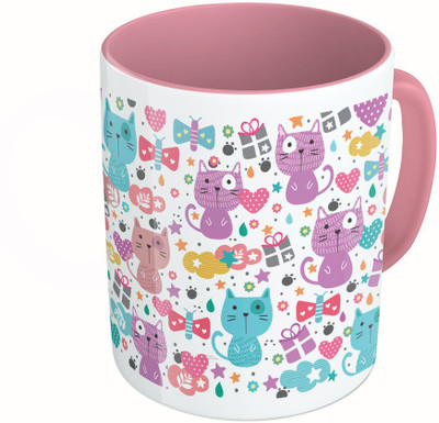 

MiiCreations Printed Two Tone Pink And White Cute Cat Faces Ceramic Mug(325 ml)