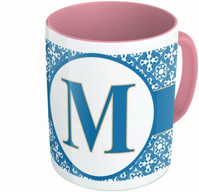 MiiCreations Printed Two Tone Pink And White Alphabet Letter "M" Ceramic Mug(325 ml)