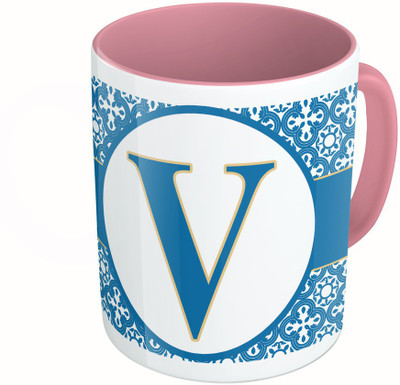 

MiiCreations Printed Two Tone Pink And White Alphabet Letter "V" Ceramic Mug(325 ml)
