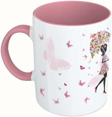

MiiCreations Printed Two Tone Pink And White Beautiful Butterfly Girl Ceramic Mug(325 ml)