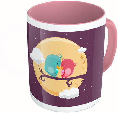 MiiCreations Printed Two Tone Pink And White Love Birds Ceramic Mug(325 ml)
