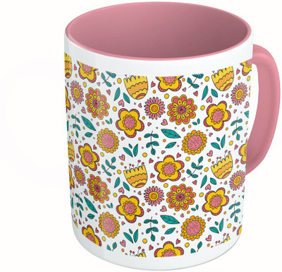 

MiiCreations Printed Two Tone Pink And White Flower and Leaves Pattern Ceramic Mug(325 ml)