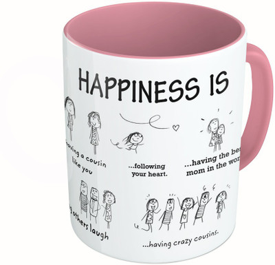

MiiCreations Printed Two Tone Pink And White Happiness Quotes Ceramic Mug(325 ml)