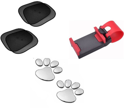 BIGWHEEL Combo Of 4 Pcs Side Window Sun Shade For Universal Car, Soonai Foot Mark 3D Sticker With Steering Wheel Car Mobile Holder Combo