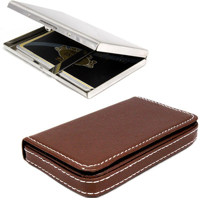 

Stealodeal Brown Light Weighted Leather With Mirror finish Clip Metal 20 Card Holder(Set of 2, Brown, Silver)