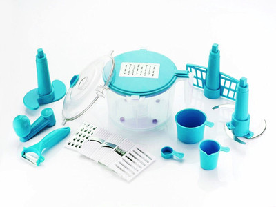 

Vivir Advance 14 pieces Food Processor, Vegetable Cutter, Juicer, Chipser, Dough Maker and Chopper(7 Blades, 1 Juicer Plate, 1 Slicing Plate, 1 Unbreakable Container, 1 Butter Milk Maker Tool, 1 Dough Maker Tool, 1 Rotating Handle, 1 Top plate to facilita