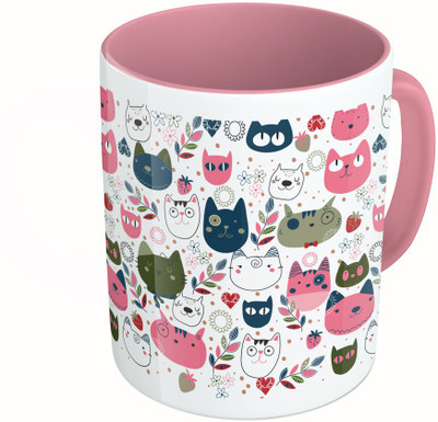 MiiCreations Printed Two Tone Pink And White Cat Faces Pattern Ceramic Mug(325 ml)