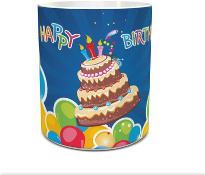 

HuesLab Happy Birthday Wishes with Multi Coloured Ballons and Cakes Bone China Mug(350 ml), White
