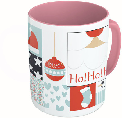 

MiiCreations Printed Two Tone Pink And White Marry Christmas Collarge Ceramic Mug(325 ml)