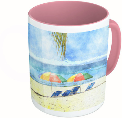 

MiiCreations Printed Two Tone Pink And White Goa Beach Painting Ceramic Mug(325 ml)