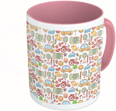 

MiiCreations Printed Two Tone Pink And White Cartoons City Elements Pattern Ceramic Mug(325 ml)