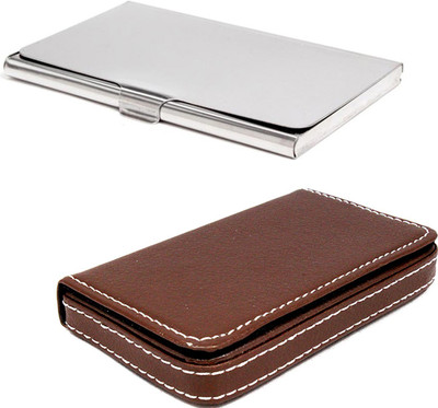 

Stealodeal Brown Light Weighted Leather With Silver Stainless Steel 20 Card Holder(Set of 2, Brown, Silver)