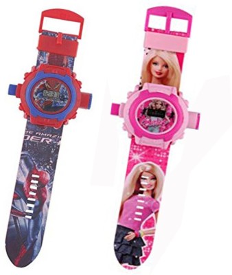 Fashion Gateway Spiderman and Barbie, 24 Image Project Digital Watch for Kids Red::Pink Digital Watch  - For Boys & Girls   Watches  (Fashion Gateway)