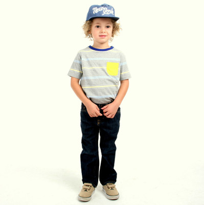 

Cherry Crumble California Boys Striped Cotton T Shirt(Grey, Pack of 1, Grey blue yellow striper