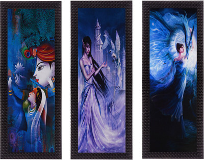 eCraftIndia Set Of 3 Radha Krishna & Dancing Angels Canvas 16 inch x 21 inch Painting(With Frame, Pack of 3)