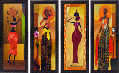 eCraftIndia Set Of 4 Tribal Women Canvas 71.12 cm x 40.64 cm Painting(With Frame, Pack of 4)