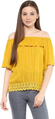 MAYRA Party 3/4 Sleeve Solid Women Yellow Top