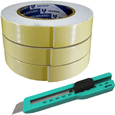 ELPH Double Sided Hand held Foam Tape with Paper Knife (Manual)(Set of 3, Yellow, Green)