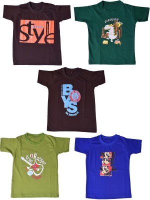 BRITISH TERMINAL Boys & Girls Printed Cotton Blend Slim T Shirt(Multicolor, Pack of 5)