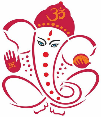Happy Walls 60 cm mordern ganesha with swastik, ohm & laddu in red Self Adhesive Sticker(Pack of 1)