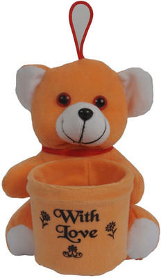 

Joymart Stuffed Soft Toy Teddy Bear With Love with pen Holder stand Orange color - 16 cm(Orange)