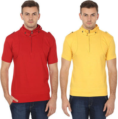 Black Collection Solid Men Turtle Neck White, Yellow T-Shirt(Pack of 2)