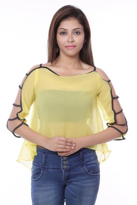 Sarvottam Casual 3/4 Sleeve Solid Women Black, Yellow Top