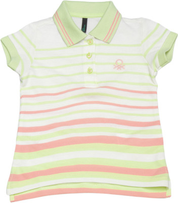 

United Colors of Benetton Girls Striped Cotton T Shirt(White, Pack of 1, 902