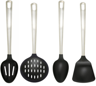 

Jubilant Lifestyle Set of 4 Stainlesss Steel & Nylon Serving Spoon Set of 4 Stainless Steel & Nylon Serving Spoon Steel, Black Kitchen Tool Set(Steel, Black)