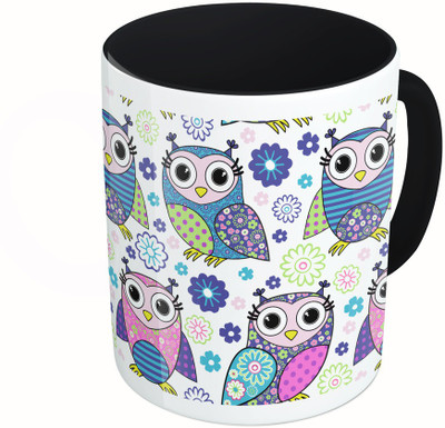

MiiCreations Printed Two Tone Black And White Colourful Owl Pattern Ceramic Mug(325 ml)