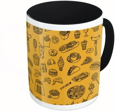 

MiiCreations Printed Two Tone Black And White Fast Food Pattern Ceramic Mug(325 ml)
