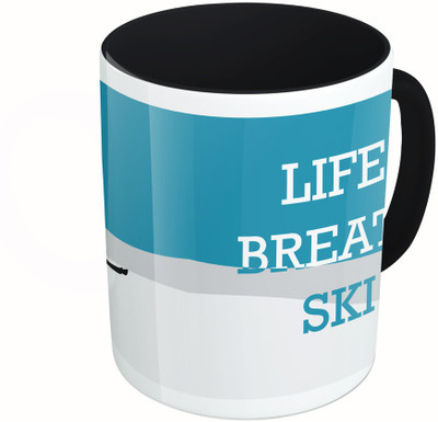 

MiiCreations Printed Two Tone Black And White Life. Breath.Ski Ceramic Mug(325 ml)