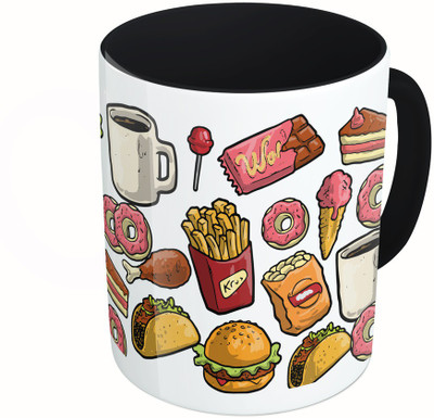 

MiiCreations Printed Two Tone Black And White Fast Food Lover Pattern Ceramic Mug(325 ml)