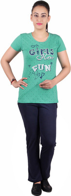 Kaily Women Self Design Green Top & Pyjama Set