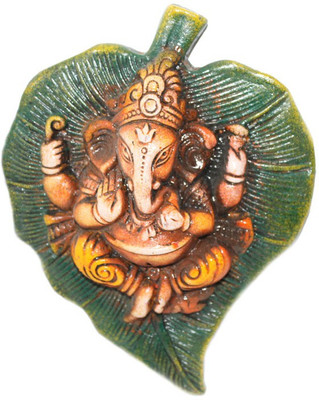 

Sarvsiddhi Terracotta Ganesha On green Leaf Wall Hanging Decorative Showpiece - 3 cm(Terracotta, Brown, Green)