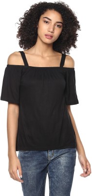 HARPA Casual Short Sleeve Solid Women Black Top