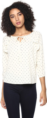 HARPA Casual 3/4 Sleeve Polka Print Women White Top